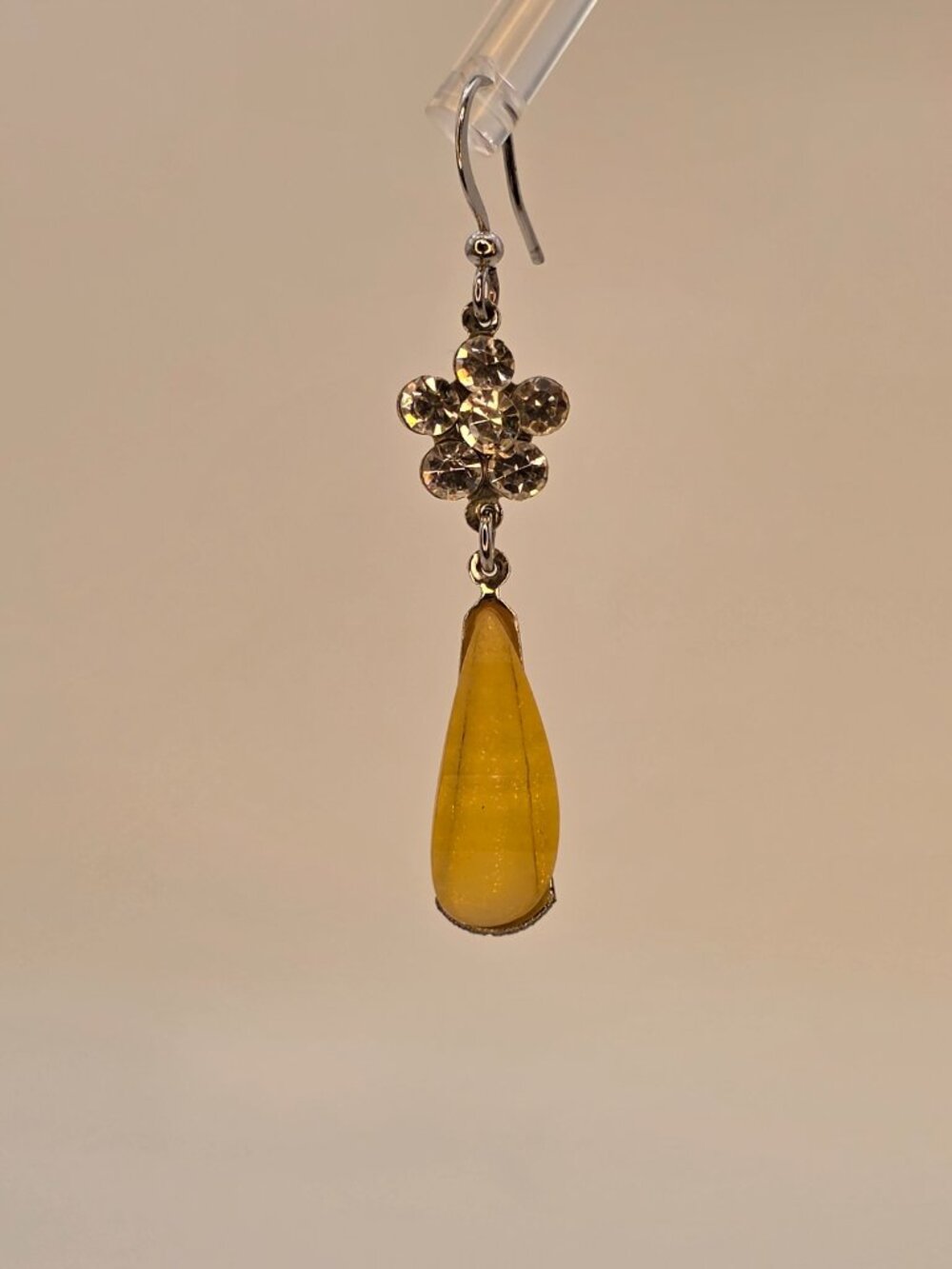 Yellow Teardrop Rhinestone Flower Dangle Earrings Silver Tone - Picture 4 of 4